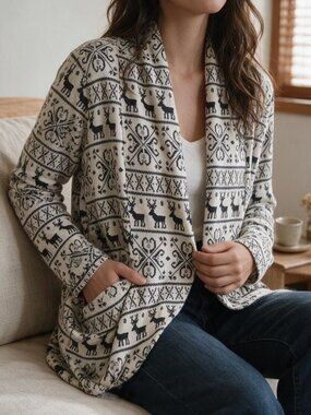 A3 Design Reindeer Nordic Fair Isle Open Front Cardigan Large EUC Cabin Core